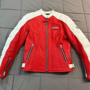 ICON White and Red Leather Motorcycle Jacket